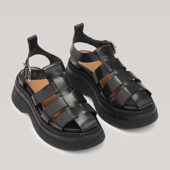 Ganni Shoes - GANNI NWOT Creepers Grid Leather Fisherman Platform Sandal in Black Size 8